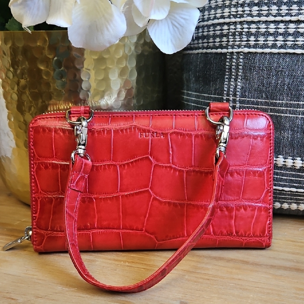 Furla Croc Embossed Zip Around Wristlet